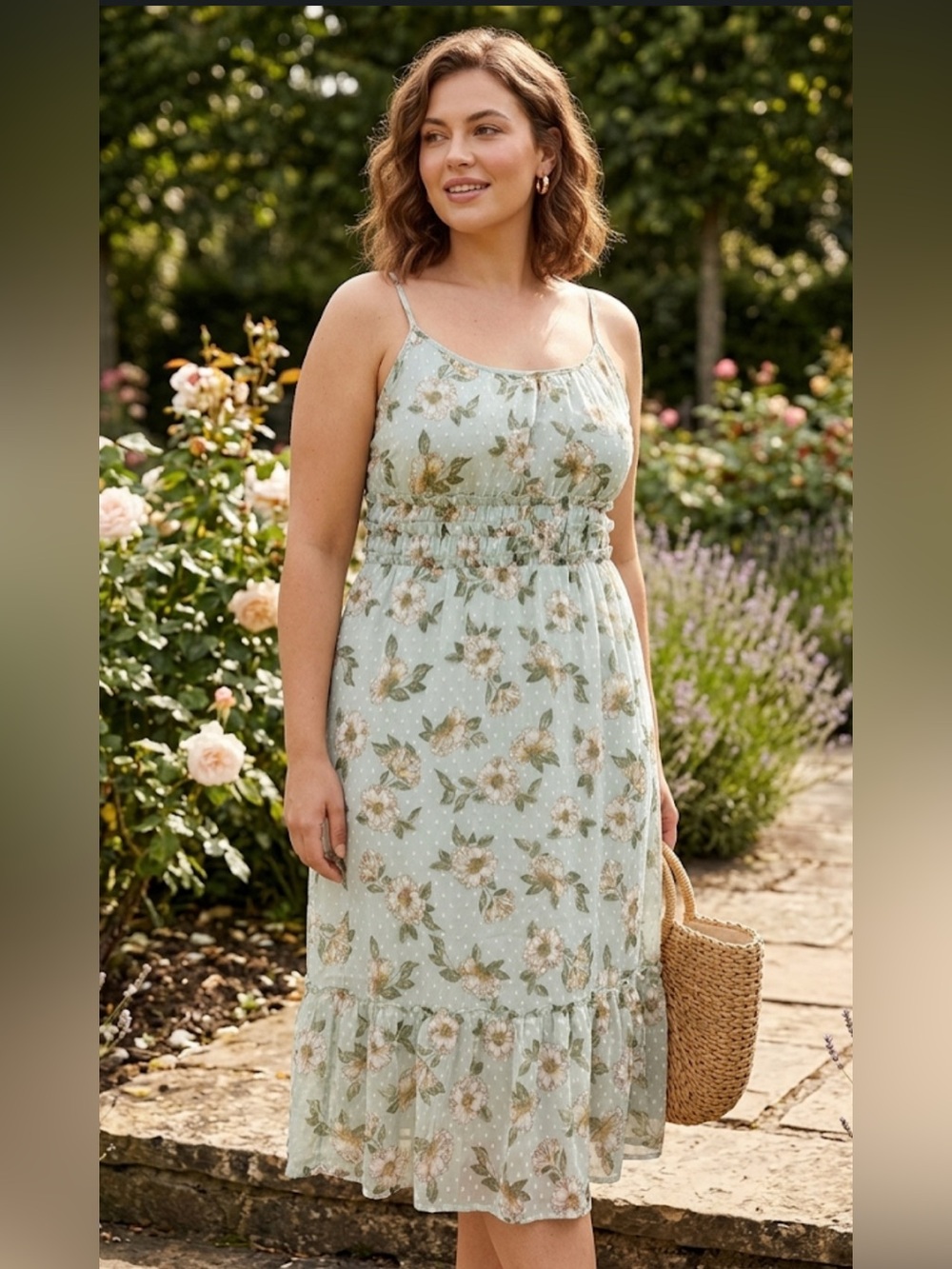 indulge Sage Floral Smocked Midi Dress